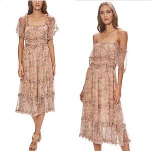 Anthropologie Love The Label Waterlily Floral Off Shoulder Chiffon Midi Dress M